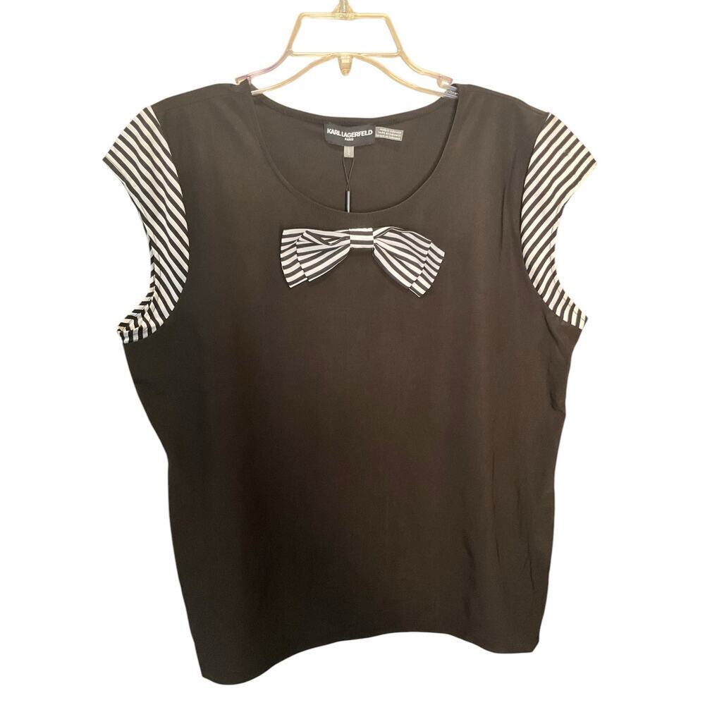 Karl Langerfeld Bow Top Cap Sleeve Pullover Stretch Blouse Black Size L NWT